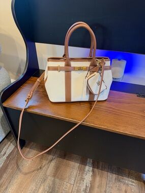 Cream and Tan Structured Satchel Handbag by Steve Madden
